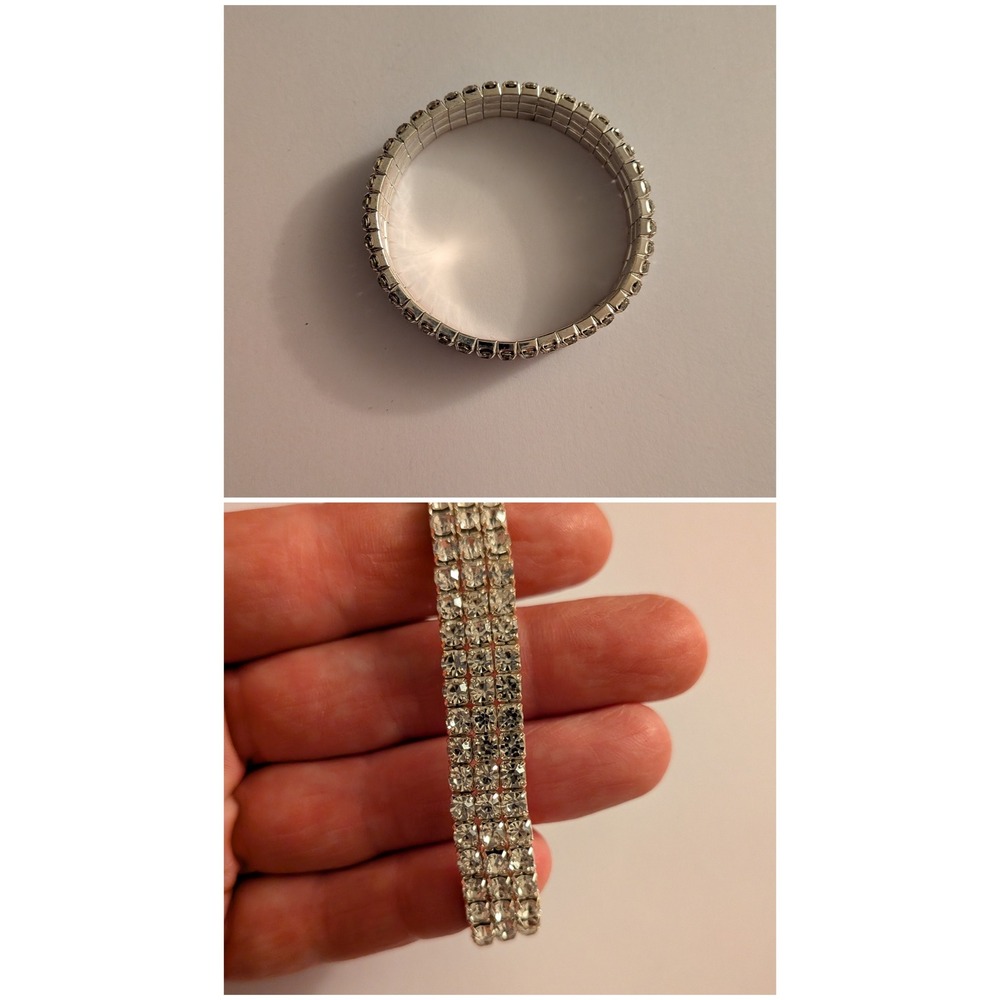 Vintage Silver Tone 3 Row Rhinestone Stretch Bracelet Clear Crystal Bridal Prom